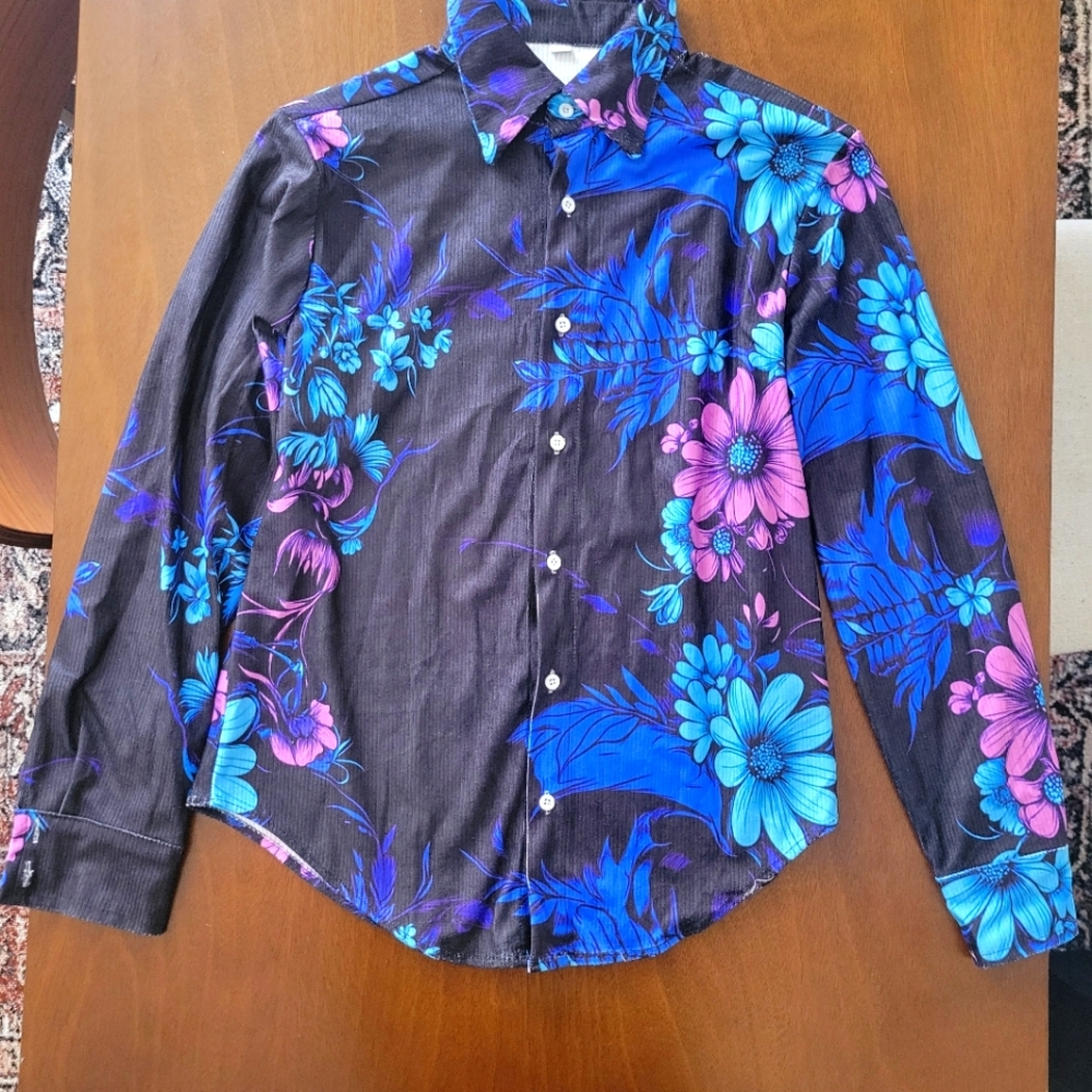 Punkoutfit Men's Retro Dark Style Blue Everlasting Flower Print Casual Vintage L